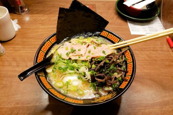ramen dish on brown ceramic bowl